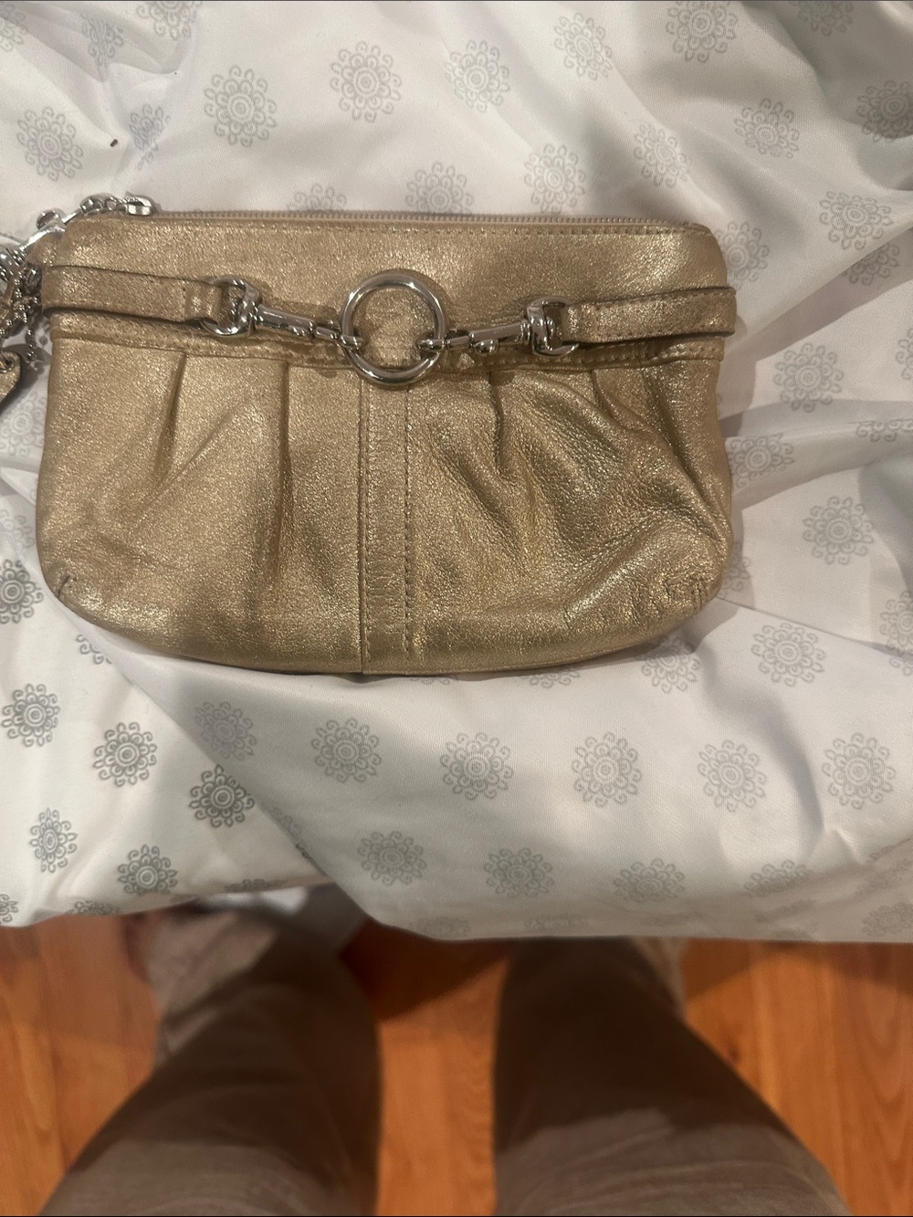 Metallic Gold Leather Wristlet Clutch with Silver Hardware